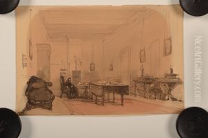 Werkkamer van mej. Toussaint in haar ouderlijk huis aan de Bierkade by Johannes Bosboom