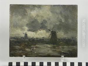 Landschap met molens aan een plas.