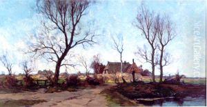 Landschap met boerderij, bomen en waterplas Landschap met boerderij, bomen en waterplas