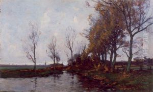 Herfstlandschap met water en rij bomen Herfstlandschap met water en rij bomen