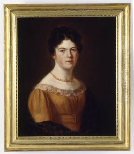 Zelfportret van Johanna Aleida Budde in oranje japon met kralen ketting