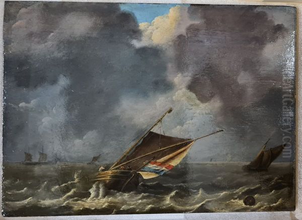 Zeestuk met op de voorgrond een schip met Nederlandse vlag tijdens een opkomende storm - view 1
