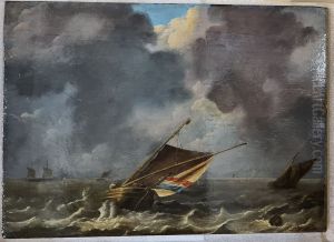 Zeestuk met op de voorgrond een schip met Nederlandse vlag tijdens een opkomende storm by Ludolf Backhuysen II