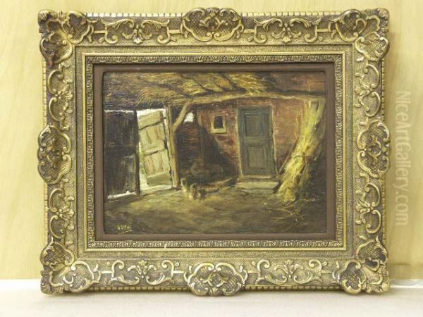 Interieur van schuur met oude openstaande deuren en korenschoof - view 1