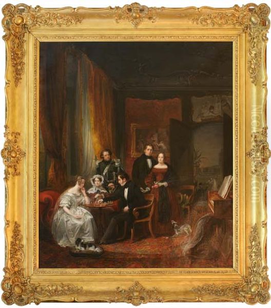 Groepsportret van A. J. Duymaer van Twist schakend met zijn (aanstaande) vrouw temidden van haar familie op Huize Westervoorde in Olst - view 1