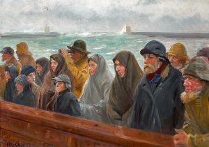 Fiskere og fiskerkoner pa molen i Skagen. by Michael Peter Ancher