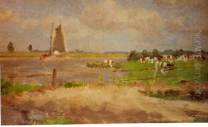 Rivierlandschap met zeilboot en vee by Herman Wolbers