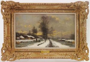Winter bij Rotterdam, boerderij in winterlandschap met vaart met boten by Jan Hendrik Doeleman