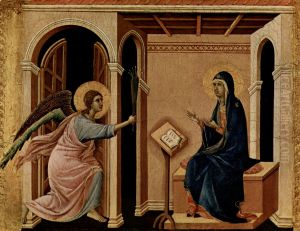 Maesta, Altarretabel des Sieneser Doms, Vorderseite, Altarbekronung mit Szenen zum Marientod, Szene: Verkundigung Marias Tod by Duccio Di Buoninsegna