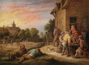 A village scene with peasants carousing outside an inn by David Teniers the Younger