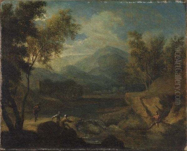 Gebirgige Flusslandschaft mit Anglern - view 1