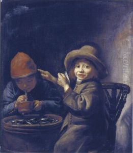 A boy eating mussels, another lighting a pipe A boy eating mussels, another lighting a pipe