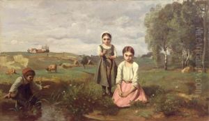 Enfants au bord d'un ruisseau dans la campagne a Lormes