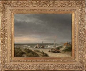 Strandgezicht met bomschuiten by Andreas Schelfhout