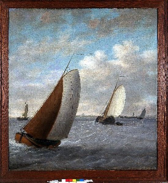 Gezicht op het Snekermeer met schepen bij woelig water - view 1