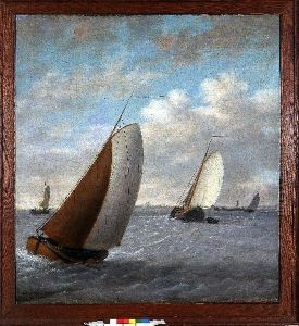 Gezicht op het Snekermeer met schepen bij woelig water by Dirk Piebes Sjollema