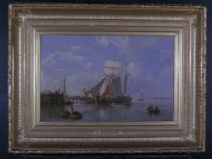 Kofschip bij een steiger by Hermanus Koekkoek