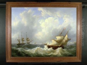 Zeegezicht met kof en koopvaardijfregat by Martinus Schouman