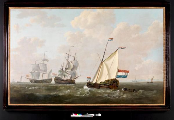 Het jacht van de Kamer Rotterdam van de Verenigde Oostindische Compagnie (VOC) begroet een Rotterdamse Oostindievaarder en een Nederlands oorlogsschip op de rede van Hellevoetsluis. - view 1