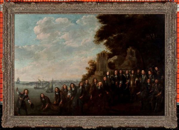 Groepsportret van Admiraal de Ruyter met enige vlootvoogden en magistraatspersonen (Allegorie op de haringvisserij) - view 1