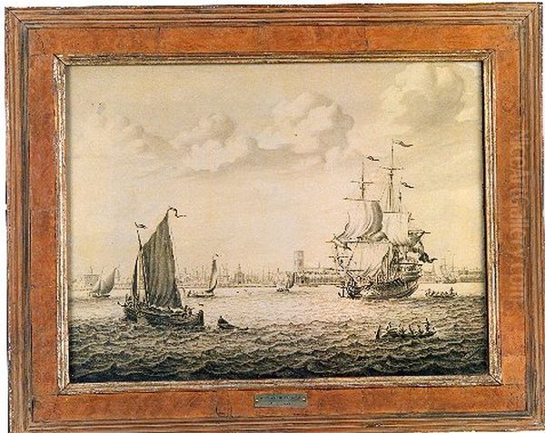 Gezicht op de Maas en de stad Rotterdam, met rechts een zeilende walvisvaarder - view 1