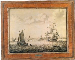 Gezicht op de Maas en de stad Rotterdam, met rechts een zeilende walvisvaarder