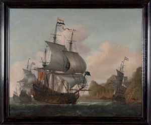 Het vertrek van het door Sijbrand Barendsz Waterdrincker gecommandeerde eskader oorlogsschepen, uit de monding van de Taag bij Cascais, na het aan land brengen van de Portugese ambassadeur op 28 mei 1648