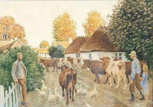 Village scenery with cows, geese and people.