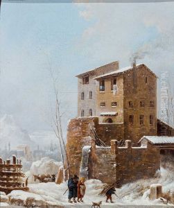 Winterlandschaft mit Gehoft und Figurenstaffage. by Heinrich Burkel