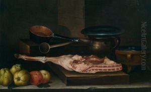 A kitchen still-life with pots, pans, apples and a leg of pork by Martin Dichtl