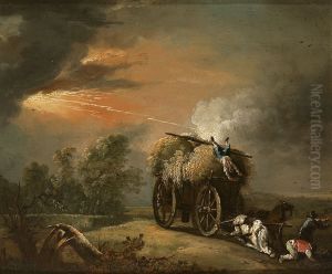 Gewitterlandschaft mit einem vom Blitz getroffenen Heuwagen.