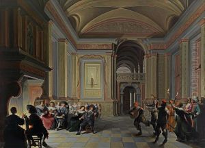 A palatial interior with ladies and gentleman feasting, entertained by Carnival mummers by Dirck Van Delen