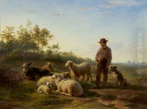 Herder met hond en stok bij zijn kudde