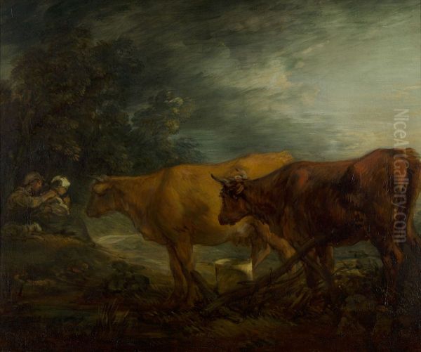 Landschap met twee koeien bij een herder en melkmeid - view 1