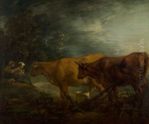 Landschap met twee koeien bij een herder en melkmeid by Thomas Gainsborough