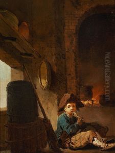 Kitchen interior with a boy at the fireplace. by Peter Cramer