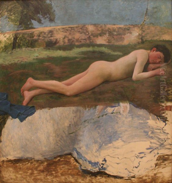Jeune homme nu couche sur l'herbe - view 1