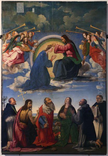 Le Couronnement de la Vierge avec six saints (Pierre martyr, Jean-Baptiste, Jerome, Madeleine, Francois et Thomas d'Acquin) - view 1