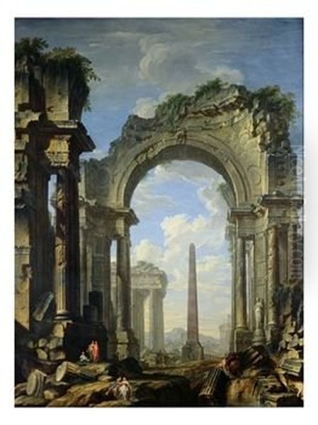 Architecture avec ruines d'un temple ionique et obelisque - view 1