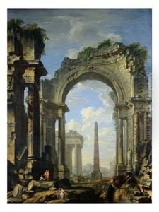 Architecture avec ruines d'un temple ionique et obelisque