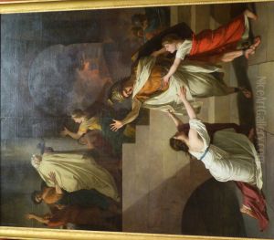 Enee, dans l'embrasement de Troie, voulant retourner au combat, est arrete par sa femme Creuse Enee, dans l'embrasement de Troie, voulant retourner au combat, est arrete par sa femme Creuse