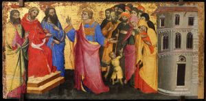 Saint Laurent rassemble les pauvres et les malades, et les presente a l'empereur comme les vrais tresors de l'Eglise.