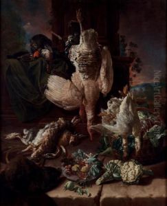 Still life with two turkey hens, hares, duck, vegetables and fruit by Izaak Godijn