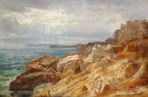 A rocky coast. The sun is breaking through the sky by Johan Wilhelm Ludwig Dahl