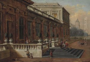 A capriccio of a palace terrace, with The Return of the Prodigal Son by Jacob Balthasar Peeters