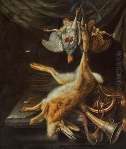 A hunting still life with a partridge, a grouse, a hare and hunting paraphernalia