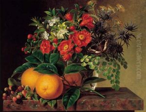 Thistle, Echinops, Myrtle in a glass Vase with Oranges, Blackberries and a Butterfly on a brown marble Ledge. by Johan Laurentz Jensen