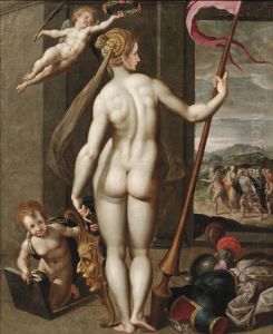 Minerva holding a lance while being crowned with laurels by Jacob De Backer