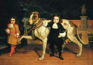Two dwarfs of Charles II of Spain with a dog at the Buen Retiro Palace in Madrid