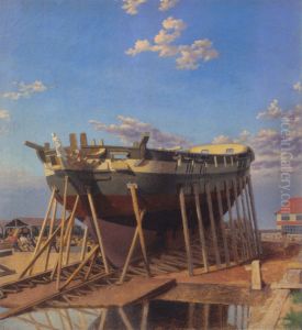 A corvette on the slipway. by Christoffer Wilhelm Eckersberg